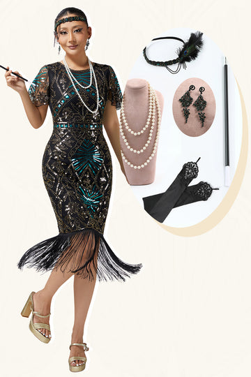 Black Blue Sequin Bodycon Fringed 1920s Dress with with 5-Piece Accessories Set